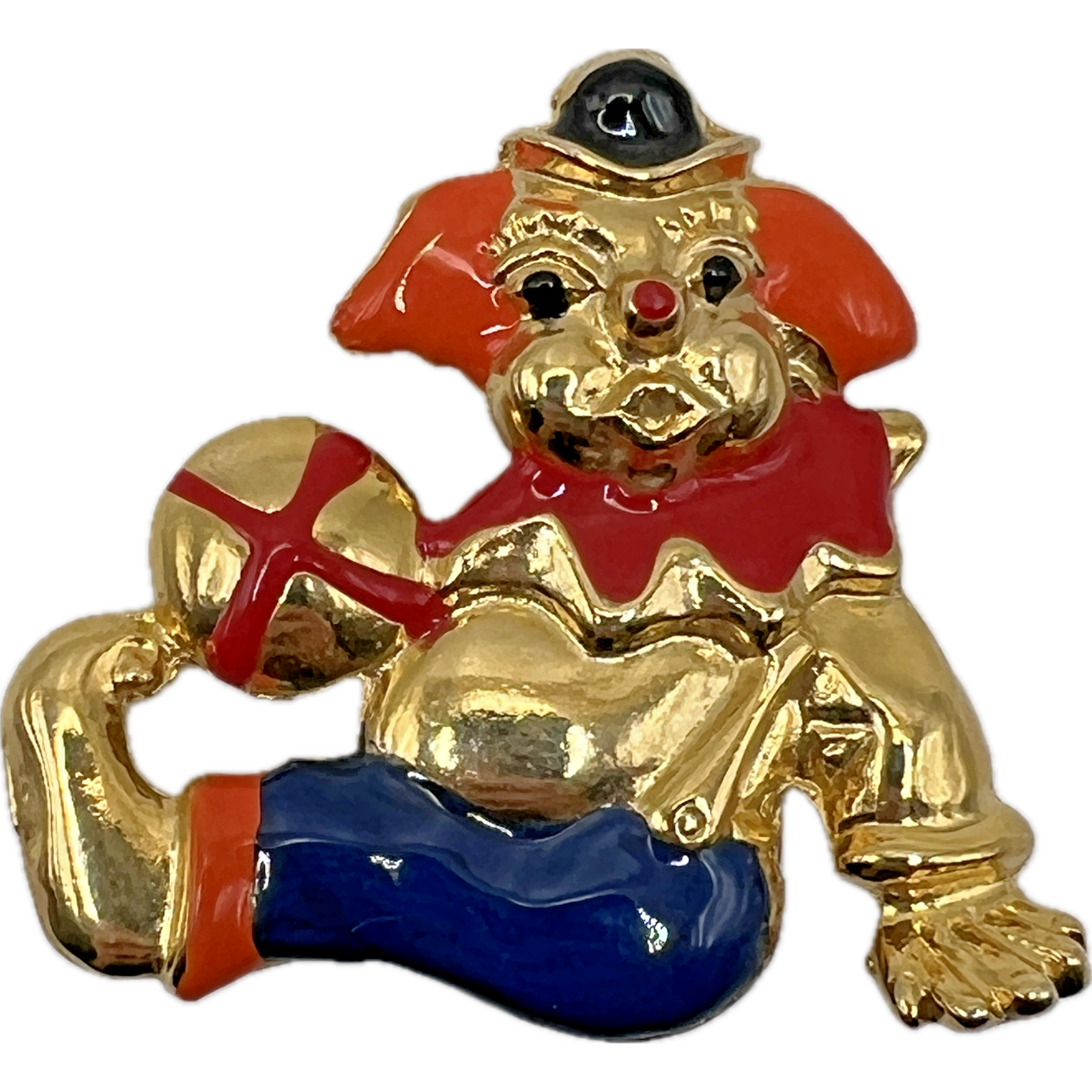 Vintage Elle Signed Circus Clown Brooch Pin Sitting Ball Enamel Costume Jewelry